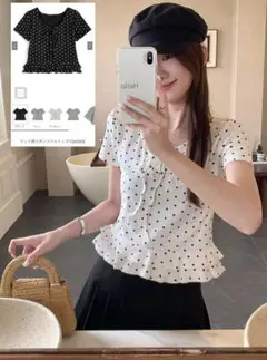 GRLグレイルドット柄リボンフリルトップス