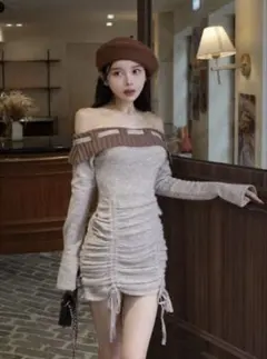 ダーリッチ Darich オフショルステッチニットミニワンピース F-Lサイズ