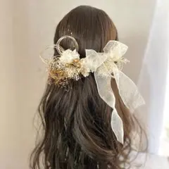 ドライフラワー髪飾り　ロングリボン付き　金箔　水引　成人式　振袖　結婚式　卒業式