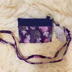 新品 和風花柄パスケース・定期入れ 紫色 ちりめん ストラップ付き