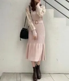 マジェスティックレゴン　レーススリーブマーメイドワンピース　ピンク