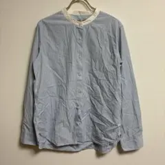 ✨綿100％✨ 無印【Ｌ】シャツ 丸首 ストライプ コットン バイカラー 水色