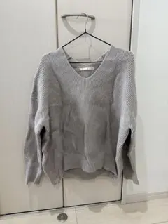 qualite グレー Vネック リブ編みセーター　ウール