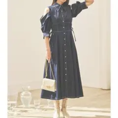 【美品】dazzlin オープンショルダー デニムステッチ ワンピース ブルー