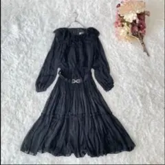 ロングワンピース 黒 フリル襟 レース×シフォン 地雷系 ロリータ フォーマルM