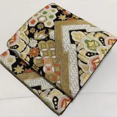 A レトロ 華文 蝶 鳳凰 花々 金糸 黒地 正絹 六通 袋帯 フォーマル