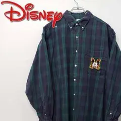 90s ディズニー ミッキーマウス 刺繍 キャラクター チェック シャツ 古着