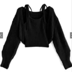 黒 ボレロ メリボン キャミソール フェザー ニット アンサンブル ブラック