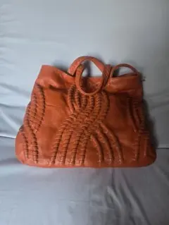 オレンジ 編み込みデザイン トートバッグ