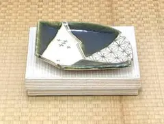 美品 美濃焼 織部釉 加藤五陶 扇型 菓子皿 茶道具のサムネイル