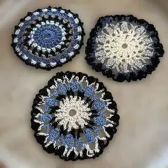 ✨ドイリー3枚セット✨(ハンドメイド)コースター黒ブラック青ブルー
