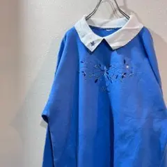 花刺繍 スウェット 襟スウェット 水色 Y4963