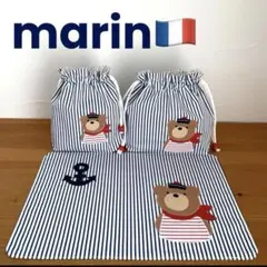 ハンドメイドお弁当袋・コップ袋・ランチョンマット3点セット　マリンくまさん