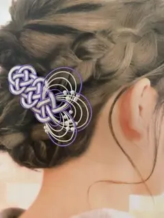 あわじ結びのヘアクリップ　髪飾り　水引アクセサリー　紫×ホワイト