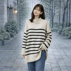 ボーダーセーター【定番】オーバーサイズ M ホワイト×ブラック ユニセックス