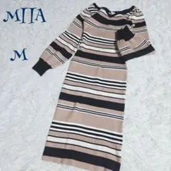 【ミーア】ランダムボーダー ふんわり袖 ロングニットワンピース M 着痩せ 茶色
