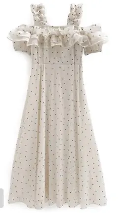 ドット柄フリルオフショルダーフレアロングワンピース[ru1165]