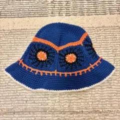かぎ針編みバケットハット 青 オレンジ