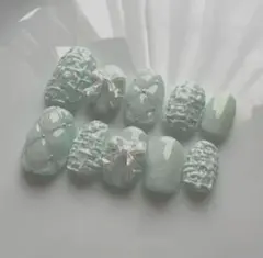 現品　ネイルチップ　グリーン　パステル　ツイード　キルティング　フレンチガーリー