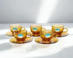 アデリア　アンバー ガラス カップ＆ソーサー 5客セット レトロ ヴィンテージ