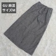ジーユー【GU】麻混　ギンガムチェック　フレアスカート　サイズM　ウエスト総ゴム