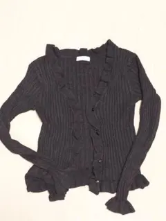 美品フリル長袖リブニットカーディガン2PINK ブラック Lサイズ