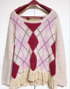 デイシー　アーガイルチェック　モヘアニット　可愛い　ピンク