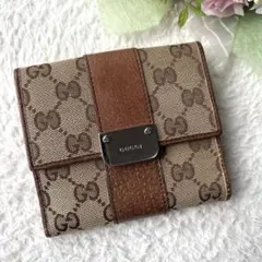 GUCCI GGキャンバス Wホック二つ折り財布 レザー シルバー金具
