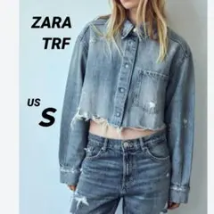 ZARA TRF ダメージ加エクロップドデニムシャツジャケット襟付き　S