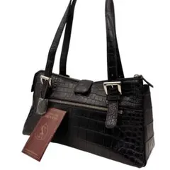 美品 JRA認定 マットクロコダイル 本革 ミニボストンバッグ ハンドバッグ 黒