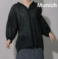 美品　ミューニック　エンブロイダリーコットンボイルオーガンジーパフスリーブシャツ