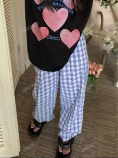 青と白のギンガムチェック ワイドパンツ