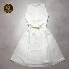 【美品】コットン100% 花柄 刺繍 ノースリーブ フレア ワンピース 白のサムネイル