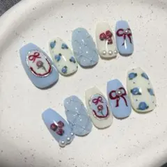 【現品・サイズ変更可能】ネイルチップ　ガーリー　小花柄　キルティング　水色