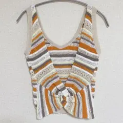 セール♫【M】フロントツイスト マルチボーダー ニットベスト 鍵編み オレンジ