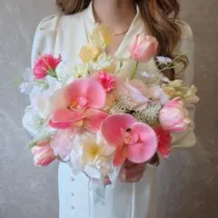 ピンク　アーティフィシャルフラワー　ウェディング　ブーケ　クラッチブーケ　造花