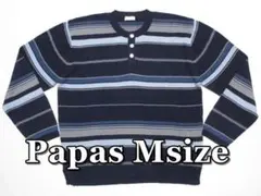 パパス 冬セーター 青紺水色ボーダー Uネック 丸首 Mサイズ 高級貝ボタン