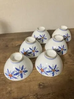 【昭和レトロ/当時物/骨董】陶器製　縁起物　南天柄　小型　飯碗　ご飯茶碗 6客