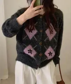 アーガイル柄 ニットカーディガン
