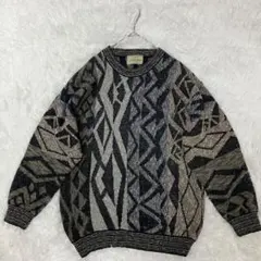 ニット セーター 総柄 ブラック グレー系　イタリア製　幾何学模様　ヴィンテージ