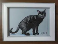 黒猫 手描きアクリルミニ絵画 原画一点物（フレーム付き）