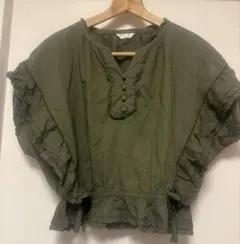 ピンクハウス オリーブグリーン 半袖フリルブラウス