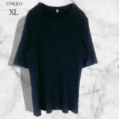 ユニクロ リブTシャツ クルーネック 五分袖 (XL) ブラック 秋 洗える