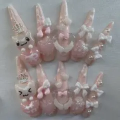 【現品】ネイルチップ ピンク平成女児 地雷 量産 ねこリボンスーパーロング