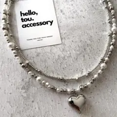 シルバーパールビーズネックレス　ステンレスハートモチーフ