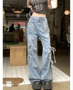 GRL サイドリボン付きブーツカットデニムライトブルー