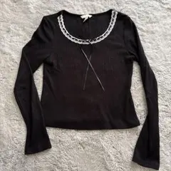 H＆М　レーストリム リブトップス　黒　ブラック　М