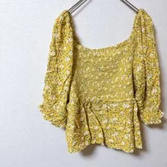 イエロー フラワー 花柄 プリントブラウス かわいい ふんわり 五分袖 古着