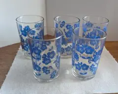 青い花柄ガラスグラス5個セット　昭和レトロ