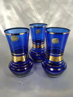 チェコ ボヘミアガラス ワイングラス ３客 ブルー ビンテージ